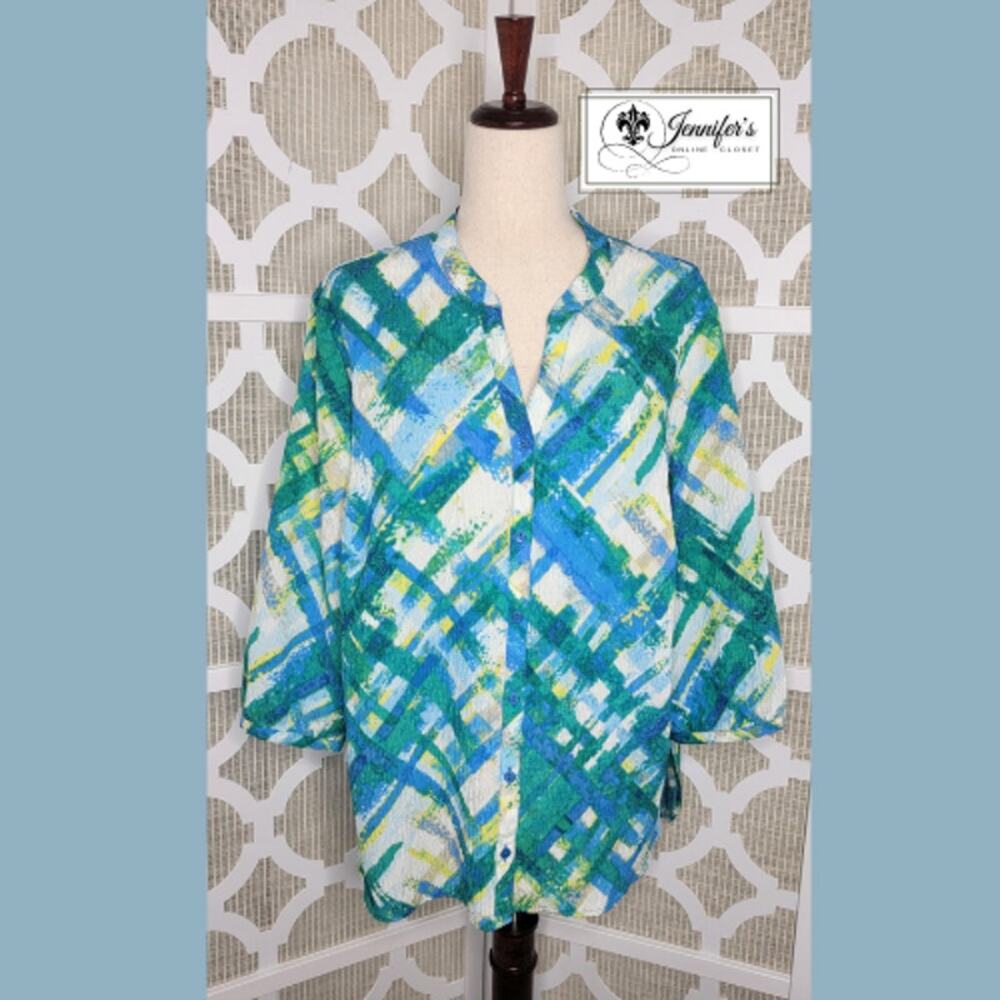 Alia Plus Women's Blue Green Split Collar 3/4 Sleeve Blouse Size 18W